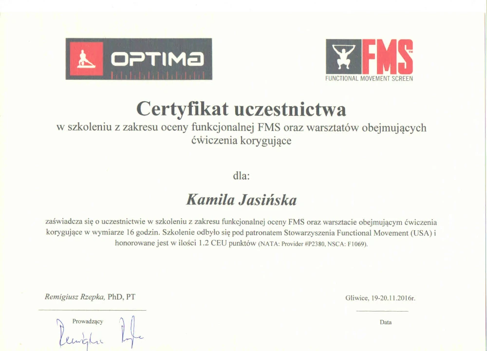 certyfikat ćwiczenia korygujące