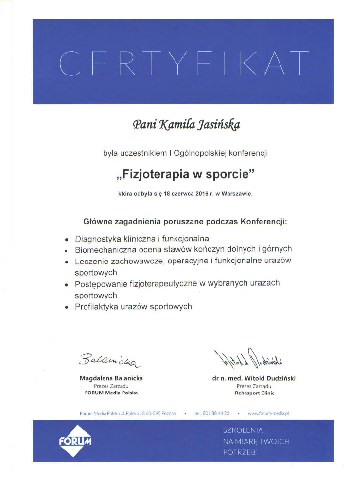 certyfikat fizjoterapia w sporcie